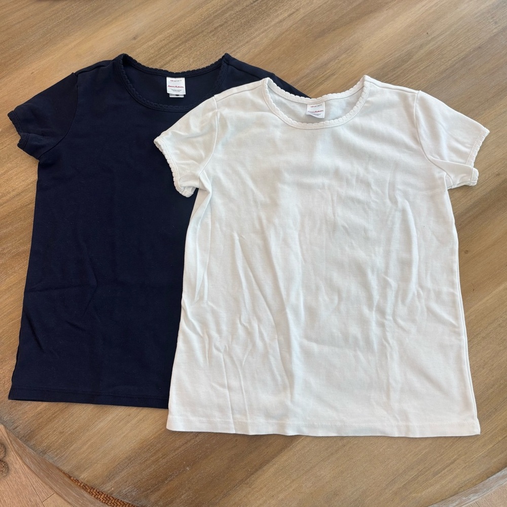 Hanna Andersson Girls Scallop Set of 2 Navy & White T-Shirts Size 12